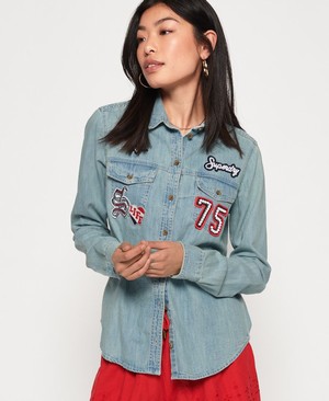 Superdry Oversized Badged Denim Női Ing Kék | ISAKB5872